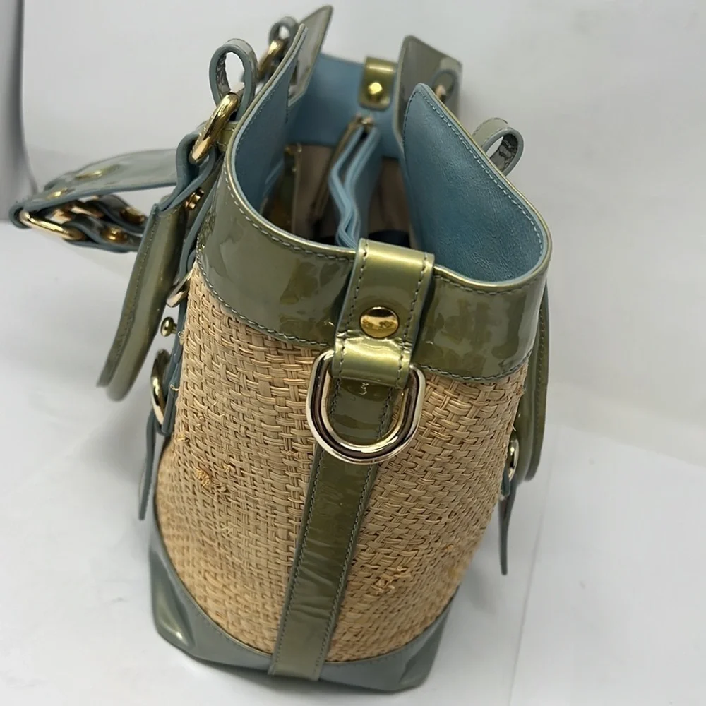 Stuart Weitzman Patent Leather and Raffia Woven Satchel w/ crossbody strap